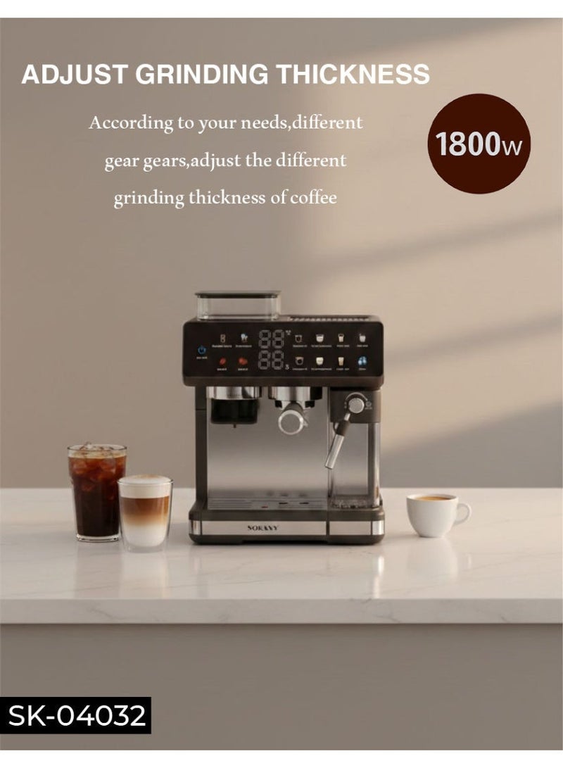 سوكاني ماكينة اسبريسو، ماكينة قهوة اسبريسو أوتوماتيكية 4 في 1، 1800 واط/2.6 لتر، ماكينة صنع قهوة الكابتشينو/اللاتيه/الإسبريسو/الطحن مع خافق حليب أوتوماتيكي، ضغط مضخة 20 بار، ماكينة صنع قهوة تعمل باللمس للمنزل والمكتب، SK-04032 - Image 2